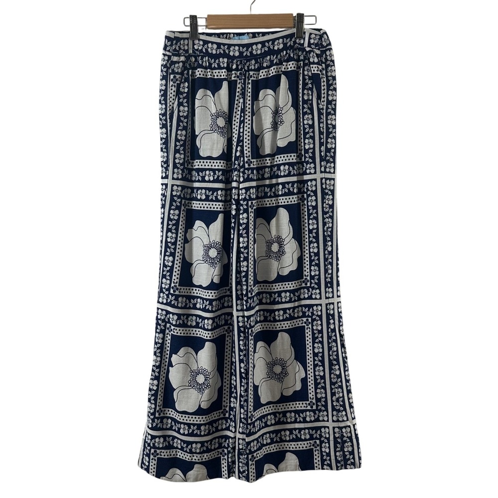 Draper James RSVP Navy White Floral Tile Wide Leg Linen Blend Pants XS High Rise